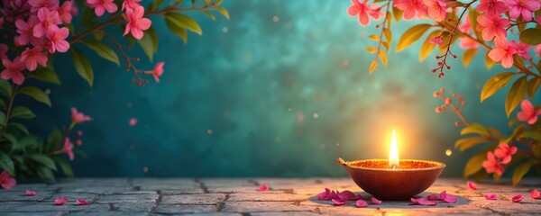 Obraz premium Oil lamp with lit wick glows near pink blossoms and green leaves. Stone path carpeted with flower petals forms festive Indian scene. Space for copy on tranquil background.