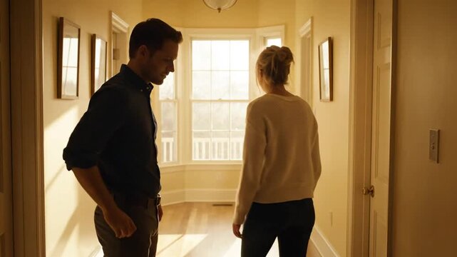 Couple arguing in hallway.