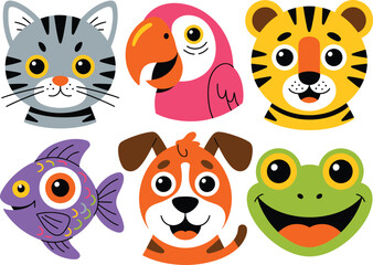 Fototapeta premium Set of cute cartoon animal faces: cat, parrot, tiger, fish, dog, and frog.