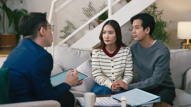 couples therapy session, a marriage counselor consults with a young couple for family therapy, offering relationship counseling, marriage help, family support, anxiety therapy, depression support	