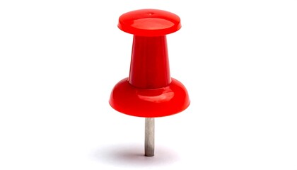 Fototapeta premium Red pushpin, upright on a white backdrop, casting a faint shadow and capturing its glossy surface