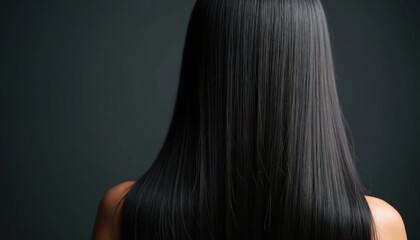 Fototapeta premium Woman with long dark straight hair flowing down her back. Smooth healthy hair is shown with soft studio lighting against a dark backdrop. Clean elegant style.
