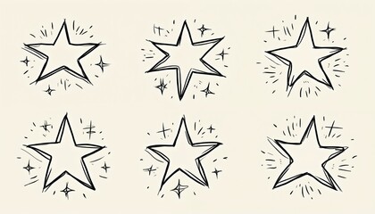 Fototapeta premium Collection of six hand drawn stars with sparkle effects. Simple doodle shapes radiate light lines and small star bursts. Minimalist line art, imperfect outline.