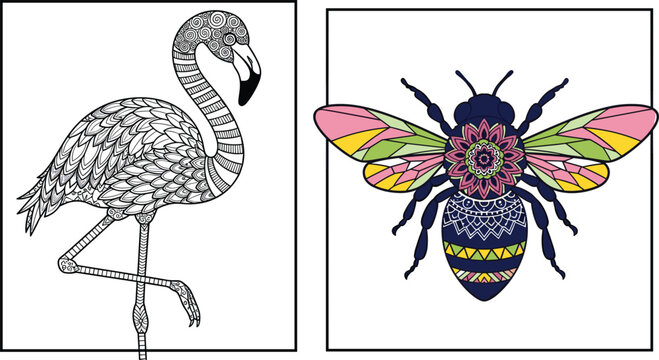 Zentangle Animal Vector Set Featuring Decorative Flamingo and Colorful Bee with Mandala Patterns for Coloring Pages and Tattoo Design