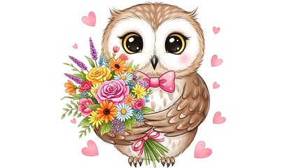 Fototapeta premium Owl holding a bouquet of colorful flowers with a pink bow
