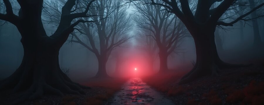 Dark foggy path lined with bare trees leads to strange red light. Mysterious forest scene evokes spooky Halloween atmosphere with mist and shadows creating chilling eerie mood.