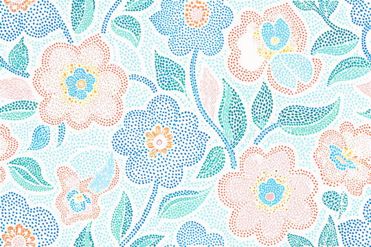 Colorful floral pattern created with numerous small dots on a white background