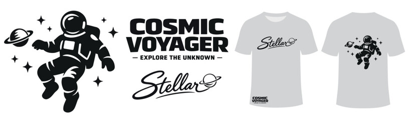Black and white astronaut illustration for t-shirt, Stellar Explorer graphic with stars and planet © SMFARHANTANVIR