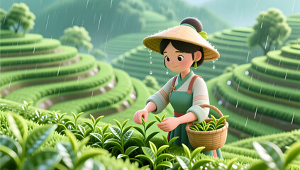 Fototapeta premium Tea picking on terraced fields during Grain Rain solar term