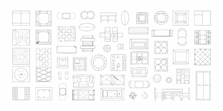 Overhead view of various furniture and object outlines in a grid