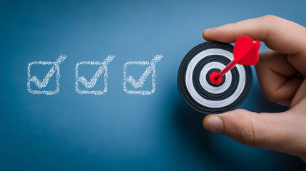 Dart hitting target with checklist representing goal achievement