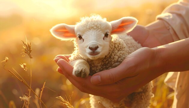 A person cradles a small lamb in their hands in a field