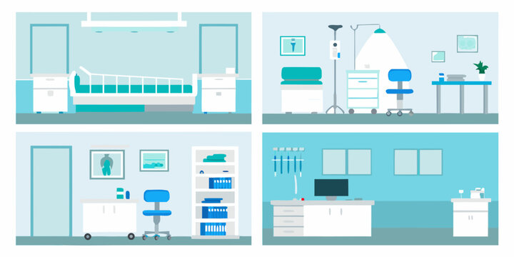 Illustrative scenes depicting various medical rooms within a hospital setting