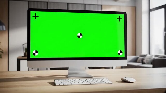 Technology with business woman typing on cgi green screen computer monitor working in modern office female freelancer researching information mockup pc chroma key copyspace and tracking markers at a