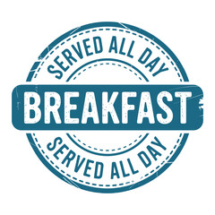 A teal circular stamp proclaiming breakfast served all day in white text
