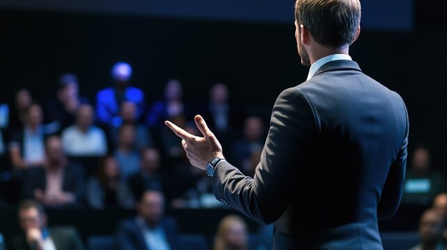 presenter. Professional presenter on stage at a corporate conference, audience presence in blurred background. pitch deck slides.