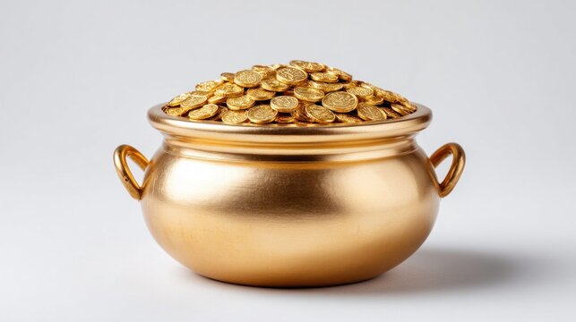 Pot of gold coins overflowing with wealth and fortune on a clean white background