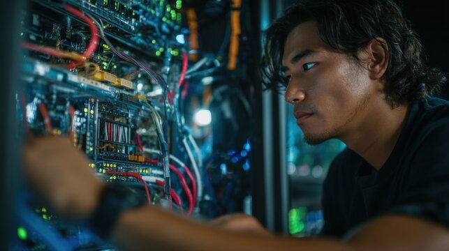 Asian it technician inspecting server racks connecting wires in data center