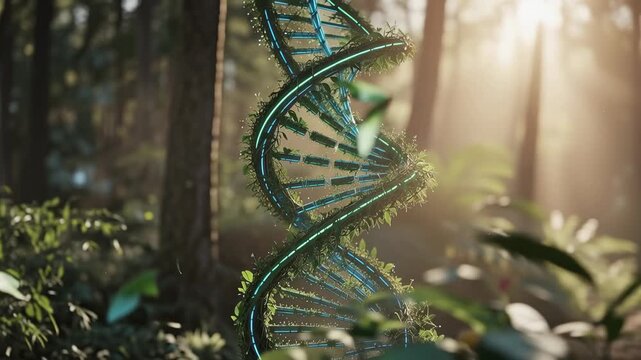 Glowing DNA strand intertwined with green leaves in a sunlit forest representing nature and genetics