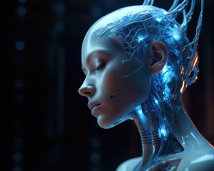 Obraz premium Futuristic female android in blue light