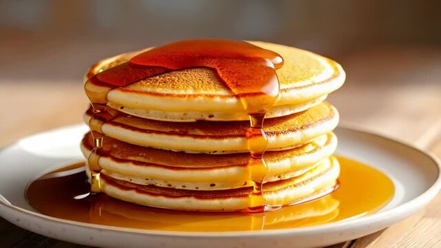 Delicious stack of golden pancakes with golden syrup pouring over them