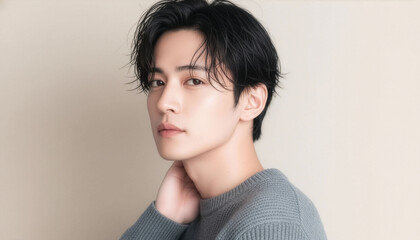 やわらかなベージュ背景で佇む黒髪の若い日本人男性ポートレート、ナチュラルな表情と清潔感のあるヘアスタイルが映える上質な人物バナー素材