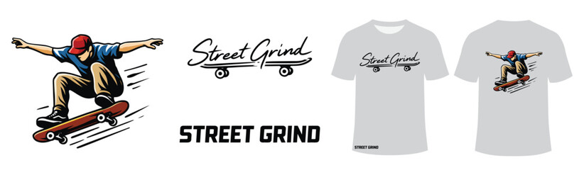 Fototapeta premium Skateboarder Grinding Illustration with T-Shirt Mockups - Street Grind Action Sport and Urban Lifestyle