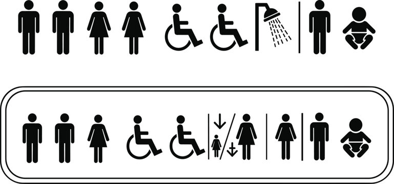 Public restroom and navigation sign icons set featuring male female disabled accessibility shower elevator baby changing station and directional symbols.