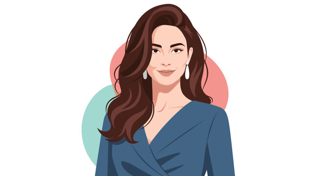 Elegant portrait of a smiling woman with long wavy brown hair wearing a dark blue dress and white earrings.
