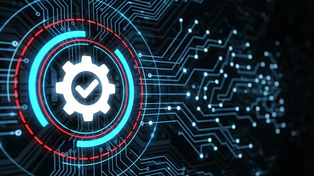Digital gear with checkmark on futuristic circuit board background