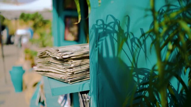Outdoor book stall with a calypso blue wall and a large newspaper stack in the corner. Static slow motion general shot during sunny morning in Sindh, Pakistan with shallow depth of field.