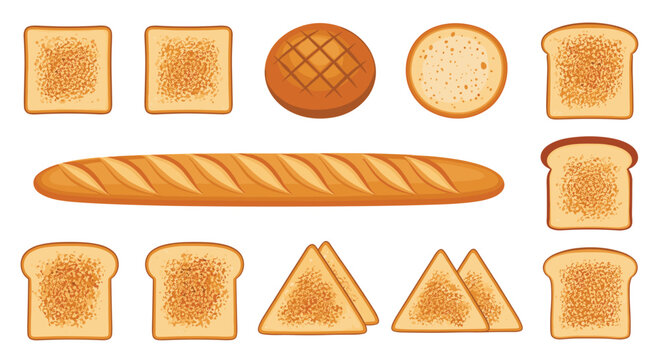 Collection of various bread types including baguette, toast slices, and rolls displayed as flat vector illustrations.