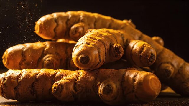 Golden Turmeric Roots Pile Textured Macro Detailed Close Up Organic Spice Ingredient Culinary Spice Health Natural Remedy