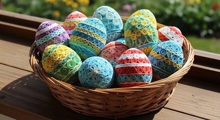 Handmade Colorful Knitted Easter Eggs in Wicker Basket Outdoors.