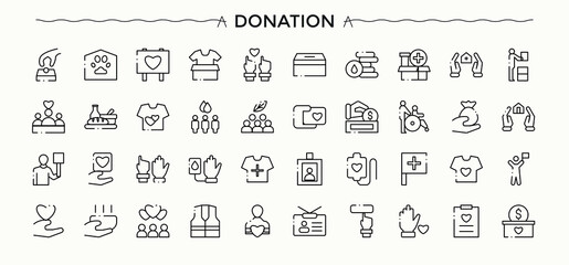 Donation line icon set. Volunteer linear icon collection. Contains such symbols as cooperation, assist, help, donate, charity, humanitarian and more. Editable vector art and illustration.