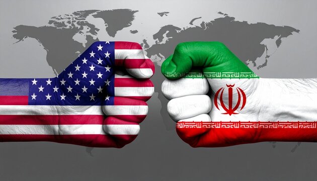 US and Iran fists confrontation with world map