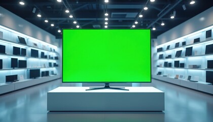 Naklejka premium Large green screen TV on display stand in electronics store. Shelves full of laptops, computers, and TVs on background. Modern retail interior, clean bright showroom floor.