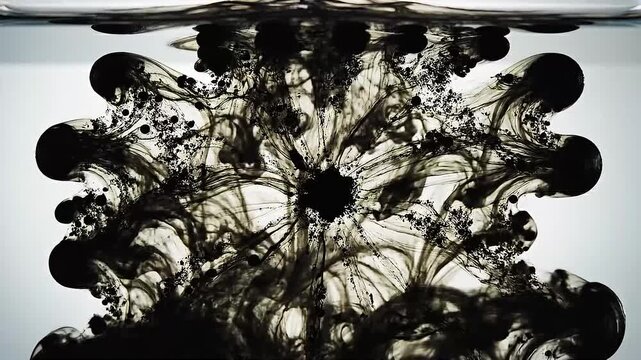 Macro of dark oil paint bleeding into a clear container of turpentine, forming oily, spider-web-like fractal patterns.