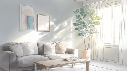 北欧風リビングのイラスト