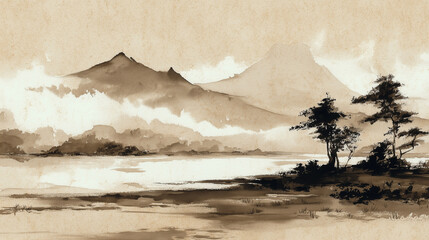 霧に包まれた墨色の山河