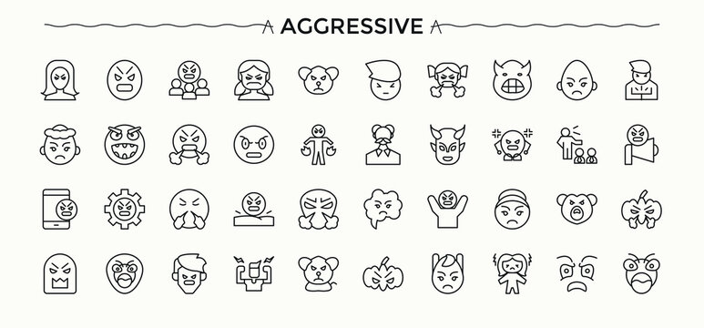 Aggressive line icon set. Reaction icon set in linear style. Minimalist linear icons. Related to angry, aggression, offensive, attack, reaction and more. Editable vector.