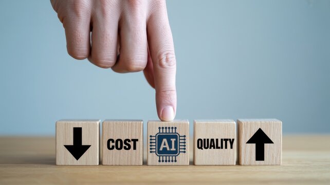 Hand pointing to AI wooden block between cost decrease and quality increase symbols