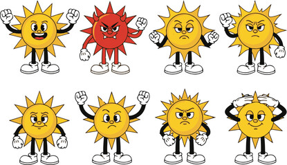 Fototapeta premium Set of cartoon sun characters with different emotions and gestures isolated on white background