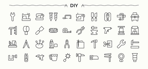 Diy icon. Craft collection of simple line web icons. Thin outline icons pack. Workshop icon set in linear style. Vector illustration in modern line style.