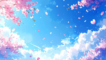 青空の下で桜の花びらが舞う春の空　水彩イラスト