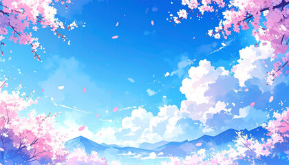青空の下で桜の花びらが舞う春の空　水彩イラスト