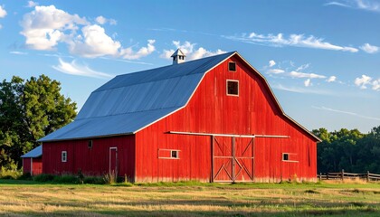 Obraz premium Rustic red barn stands tall under a blue sky dotted with fluffy white clouds in the countryside