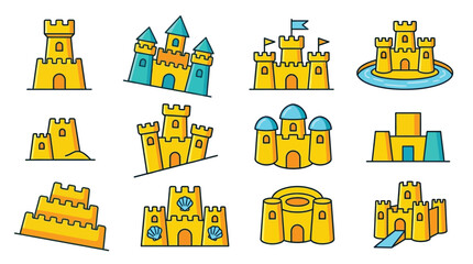 A collection of twelve colorful cartoon illustrations of sandcastles, each with unique architectural features and designs. © tr
