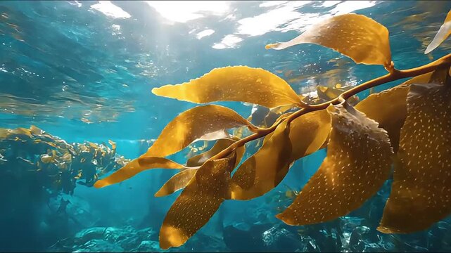 Sunlight Filtering Through Golden Kelp Forest in Clear Blue Ocean Water