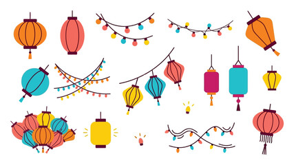 A vibrant collection of colorful Chinese lanterns and festive string lights, perfect for celebrations and decorations. © tr